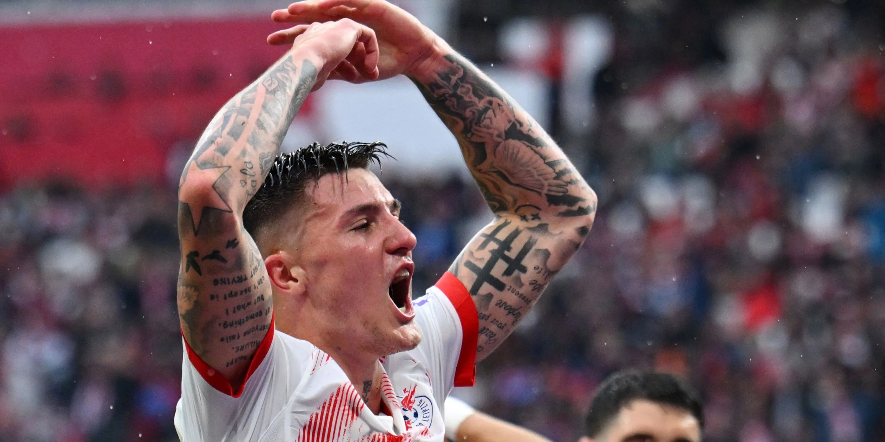 Tiền đạo Benjamin Sesko ăn mừng bàn thắng cho RB Leipzig - Mục tiêu chuyển nhượng của Liverpool